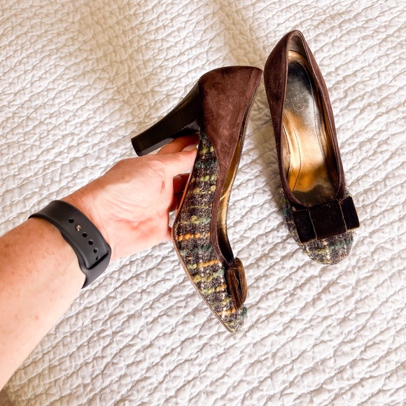 Coach Naomi Tweed Boucle  Plaid Suede Brown Velvet Bow Heels - Picture 6 of 12